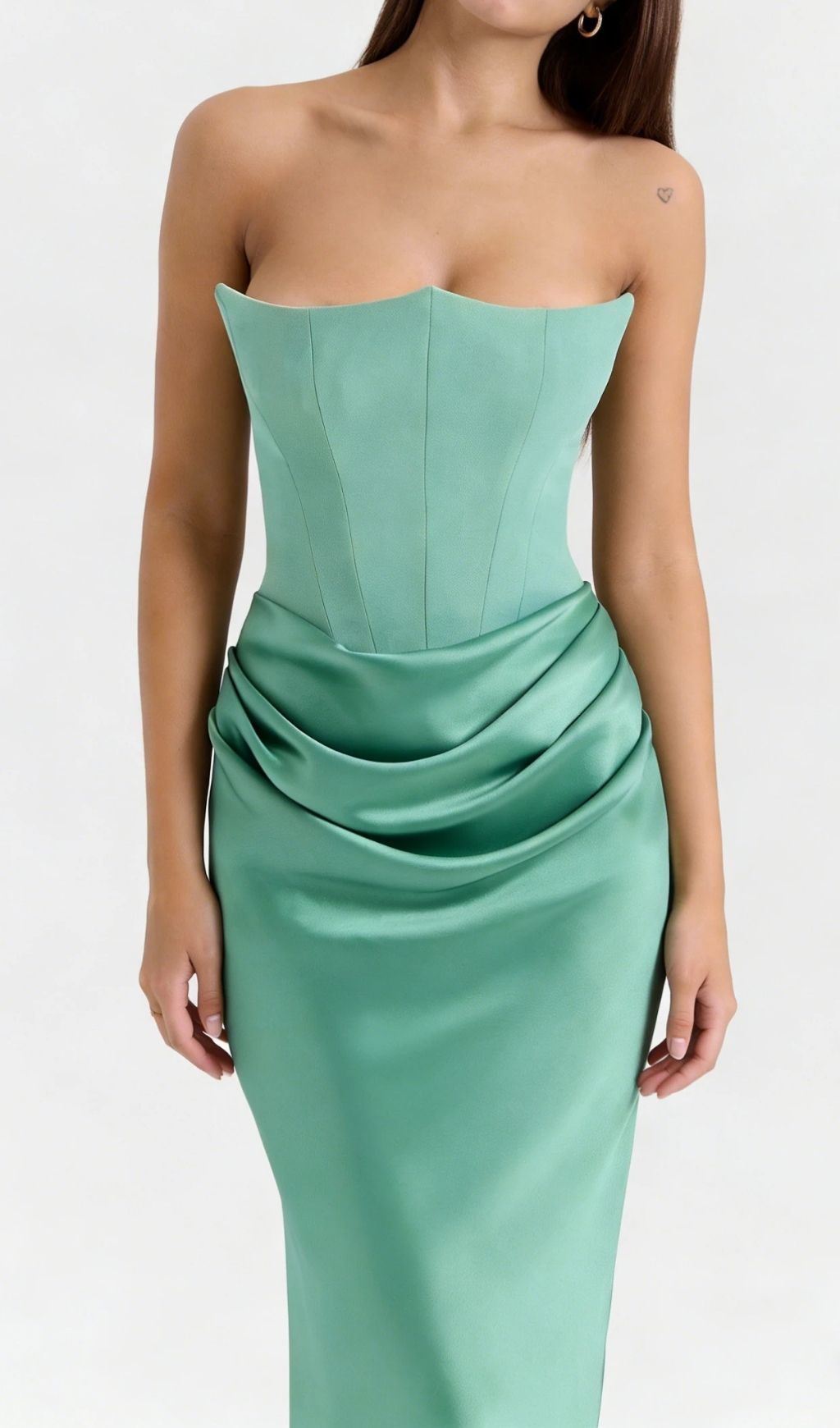 Timeless Sage Green Strapless Corset Draped Satin Gown