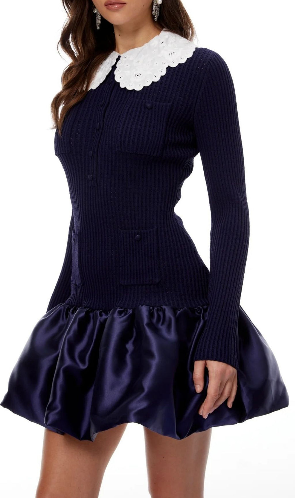Kay Navy Long Sleeve Knit & Satin Mini Dress with Peter Pan Collar