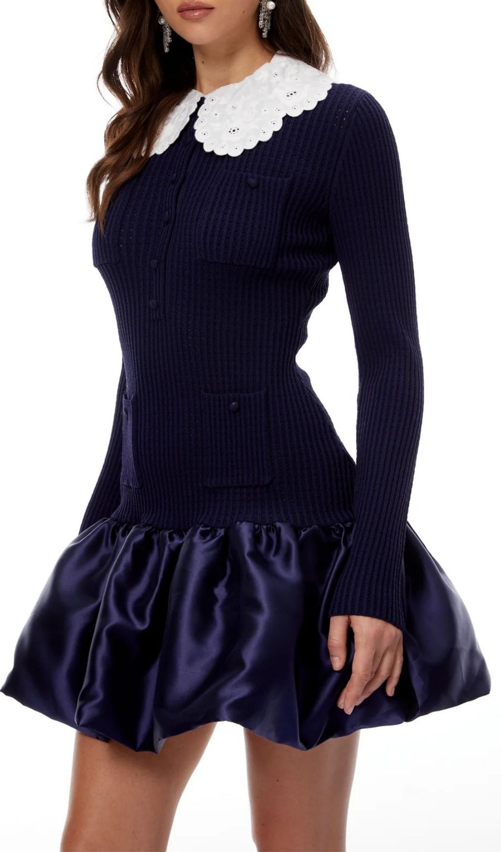 Kay Navy Long Sleeve Knit & Satin Mini Dress with Peter Pan Collar