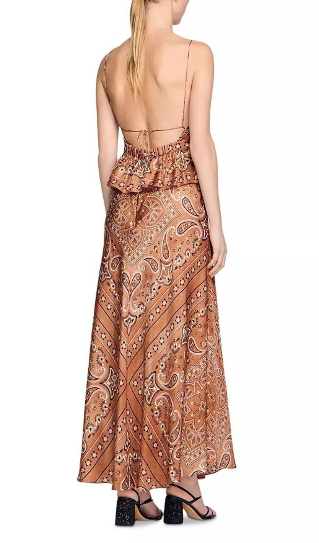 Chic Boho Bandana Print Maxi Dress | Satin Peplum & Open Back for Women