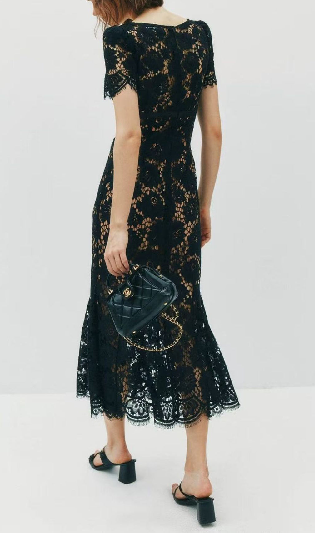 Imelda Black Lace Midi Dress | Elegant V-Neck Cocktail & Party Dress for Women