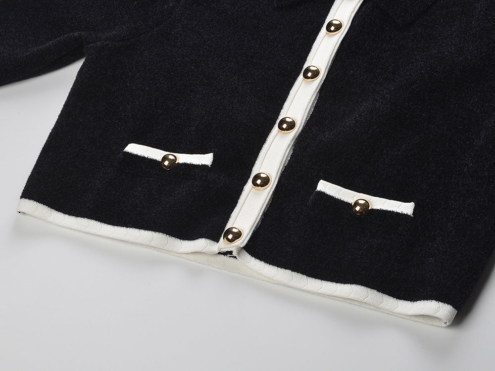 Jenne Chic Two-Tone Knit Cardigan Top | Classic Black & Cream Trim