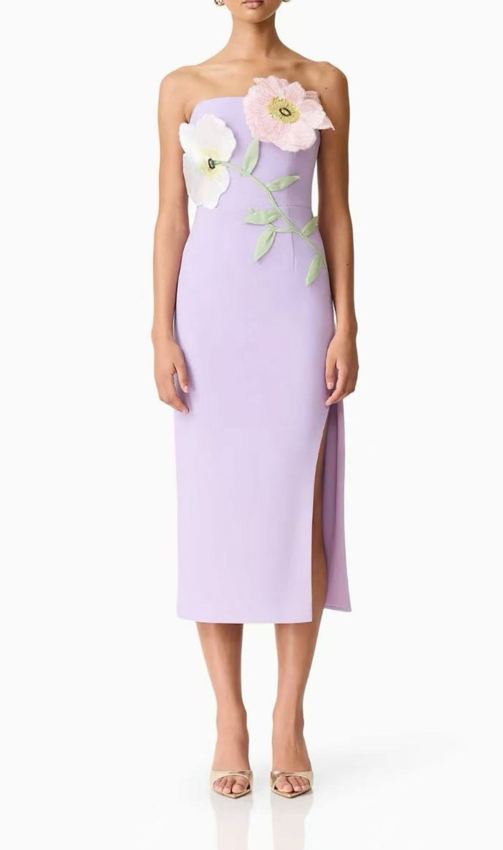 Kifle Chic Lavender Strapless Midi Dress with 3D Floral Embroidery