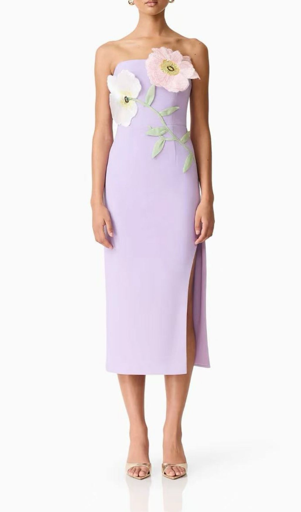 Kifle Chic Lavender Strapless Midi Dress with 3D Floral Embroidery