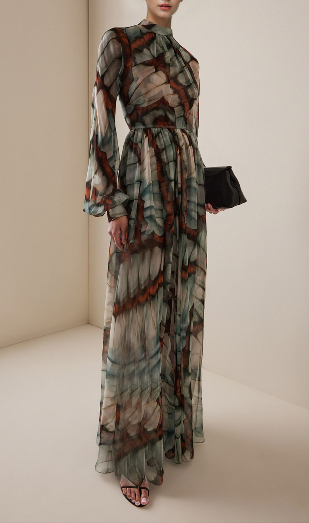 Ethereal Butterfly Print Chiffon Maxi Dress - High Neck & Flowy Sleeves