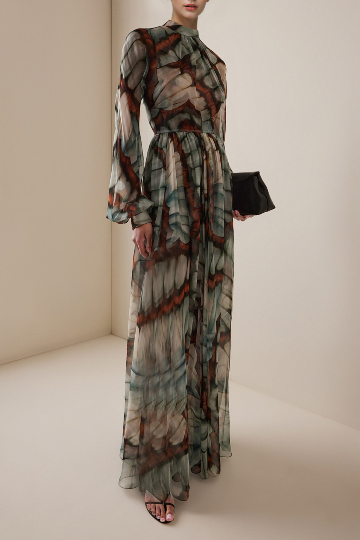 Ethereal Butterfly Print Chiffon Maxi Dress - High Neck & Flowy Sleeves