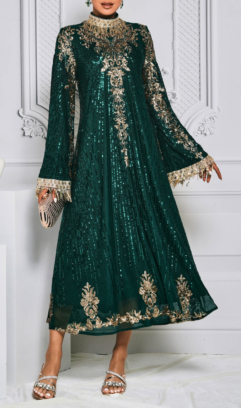 Crispina Green Sequin Long Sleeve Midi Dress