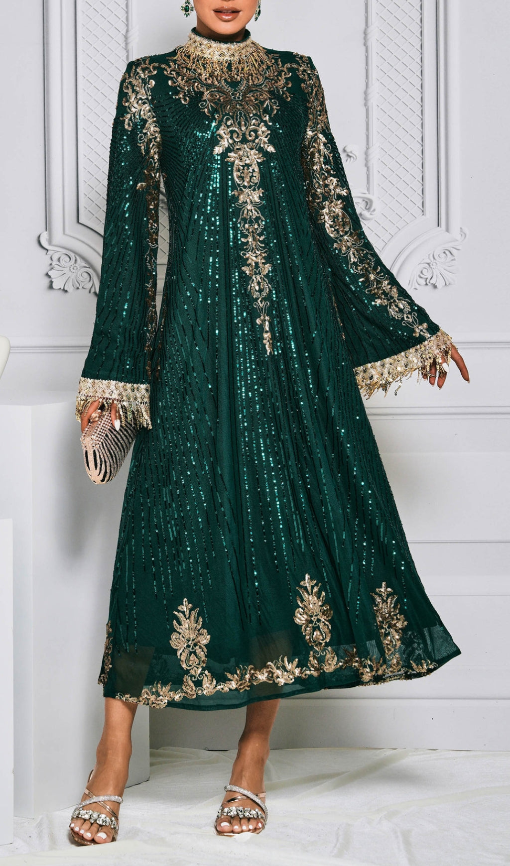 Crispina Green Sequin Long Sleeve Midi Dress
