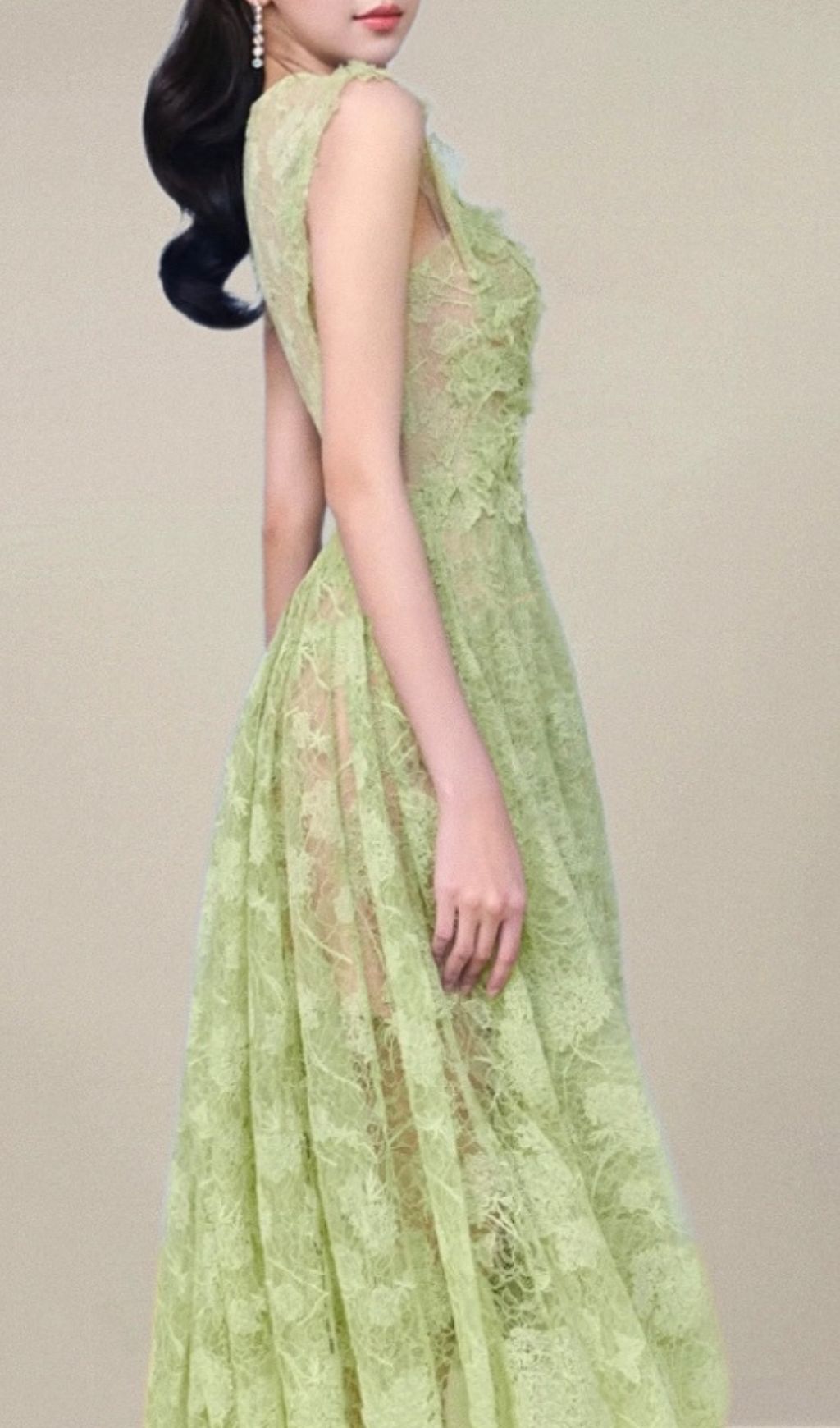 Hisaye Enchanting Lace & Mesh Pleated Midi Dress - Ethereal Green for Special Occasions