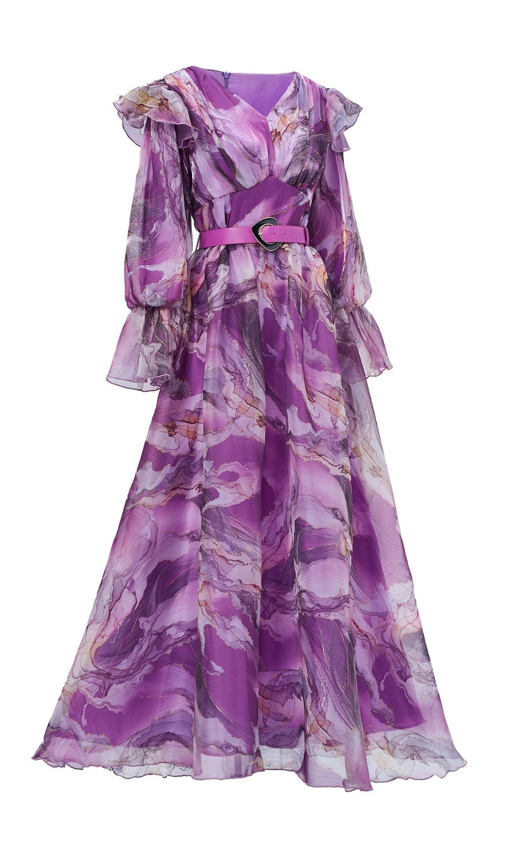 Feya Purple V-Neck Printed Long Sleeve Maxi Dress