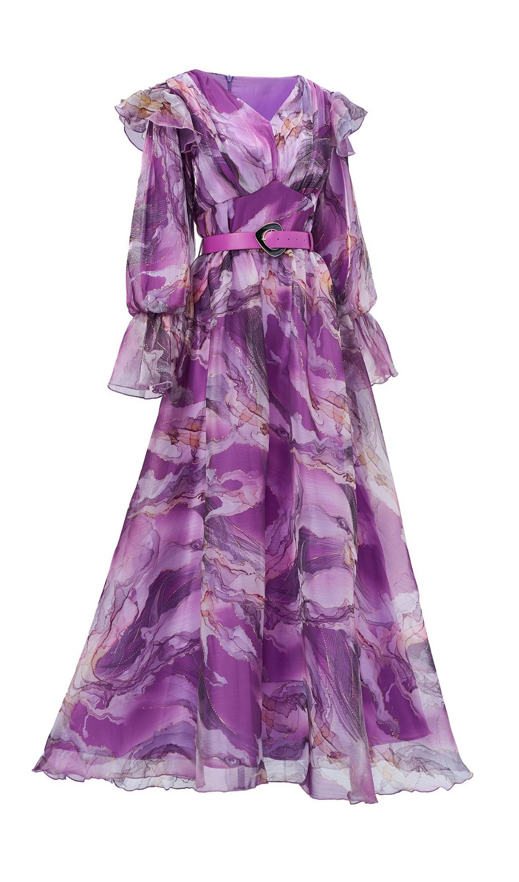 Feya Purple V-Neck Printed Long Sleeve Maxi Dress