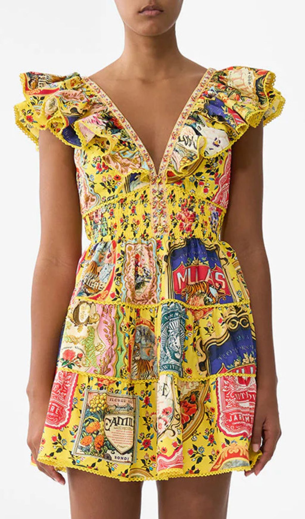 Gelsey Yellow Printed V-Neck Mini Dress