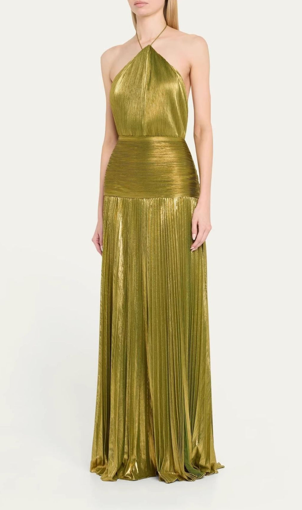 Syriona Halterneck Split Pleated Metallic Maxi Dress In Green