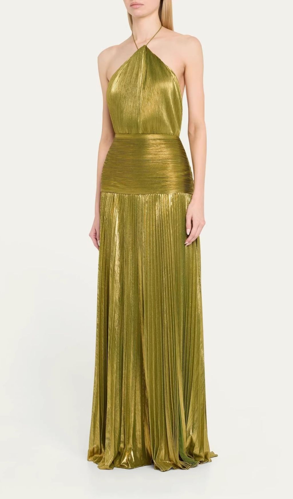 Syriona Halterneck Split Pleated Metallic Maxi Dress In Green