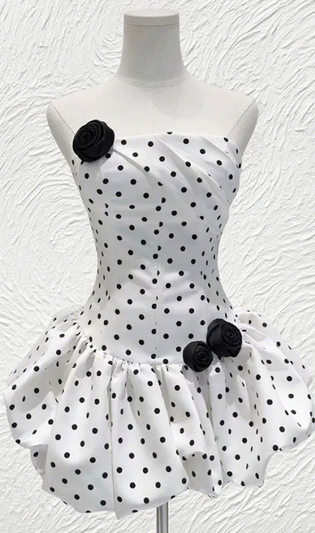 Hayfa Polka Dot Strapless Mini Dress with Floral Appliqués | Retro Chic Party Style