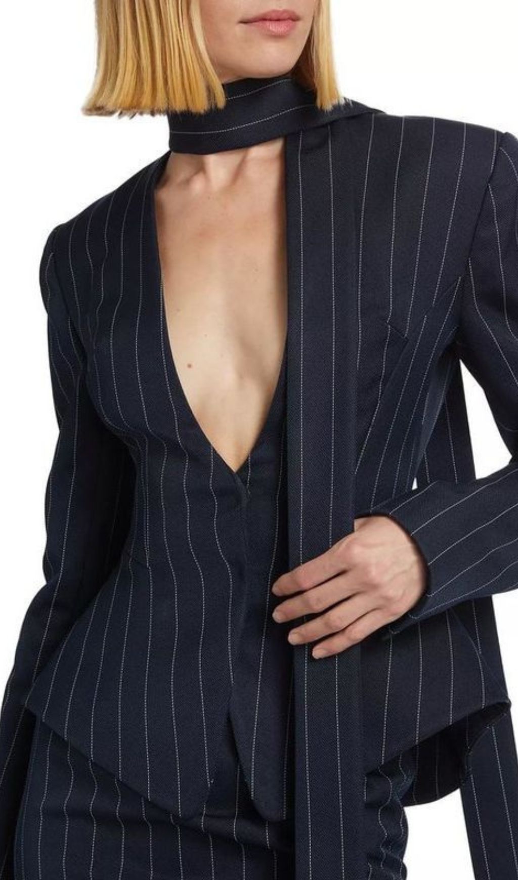 Heida Pinstripe Power Suit: Deep V Blazer & Mini Skirt Set with Choker Tie