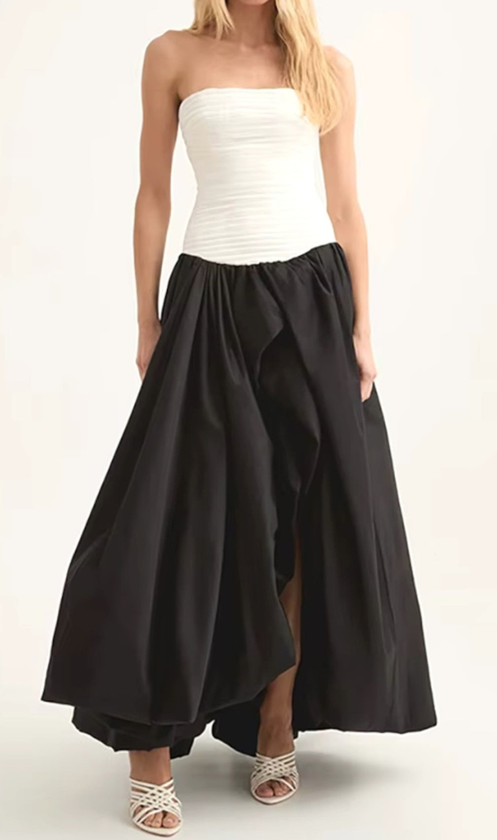 Strapless Ruched Puff Maxi Dress Black White