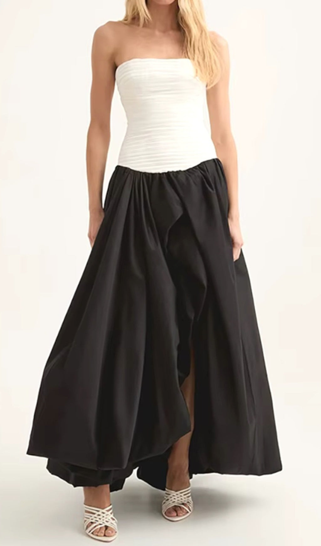 Strapless Ruched Puff Maxi Dress Black White