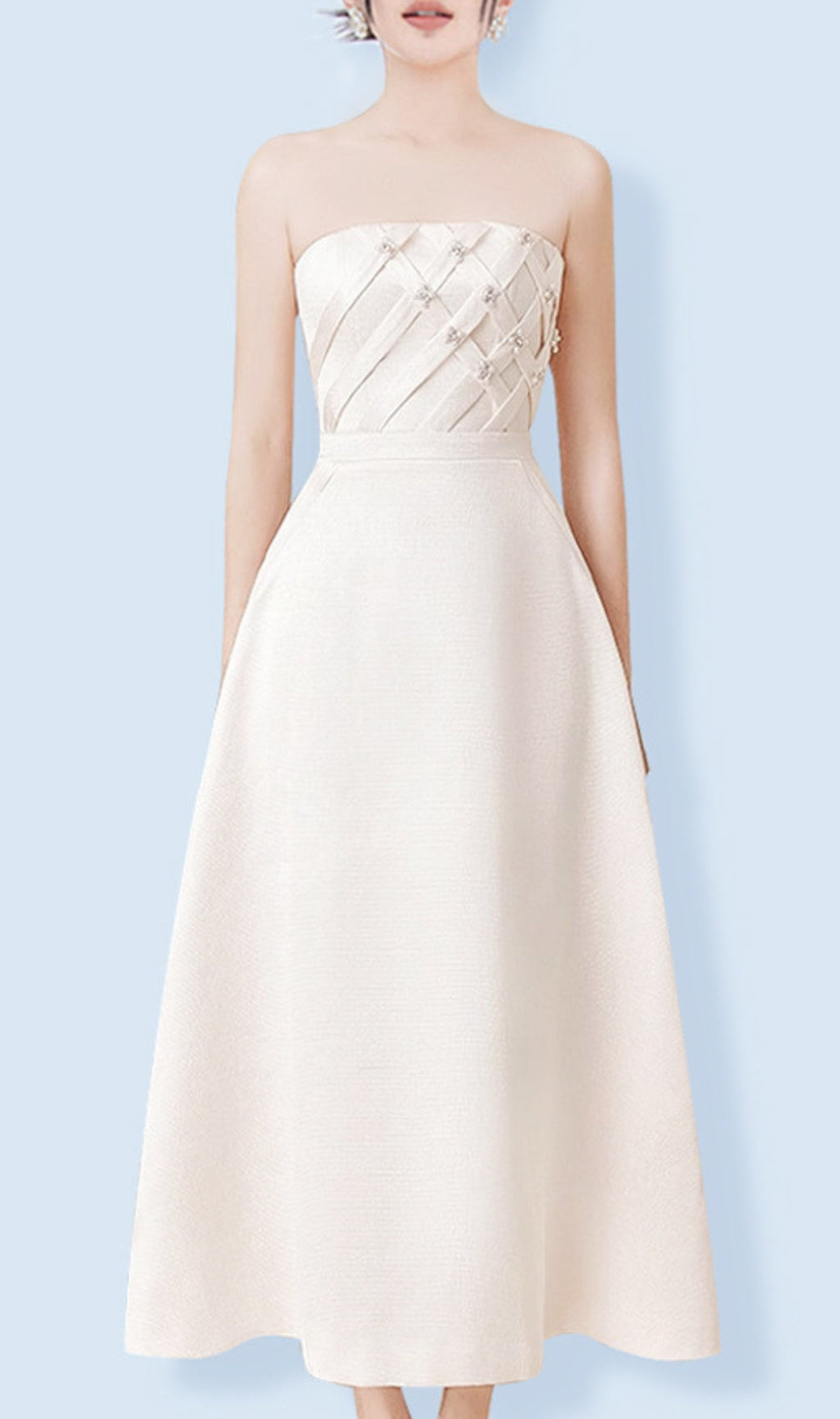 Ayah White Strapless Pearl Midi Dress