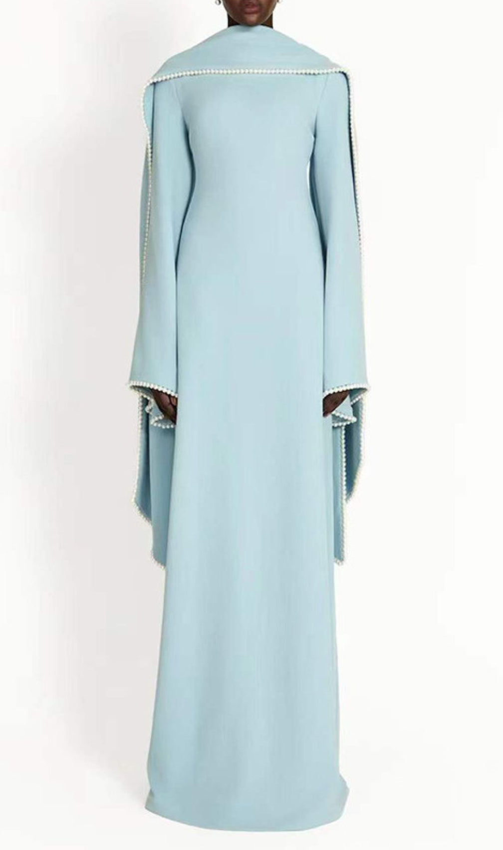 Hidi Shawl Pearl-Trimmed Maxi Dress | Elegant Long Sleeve White Gown