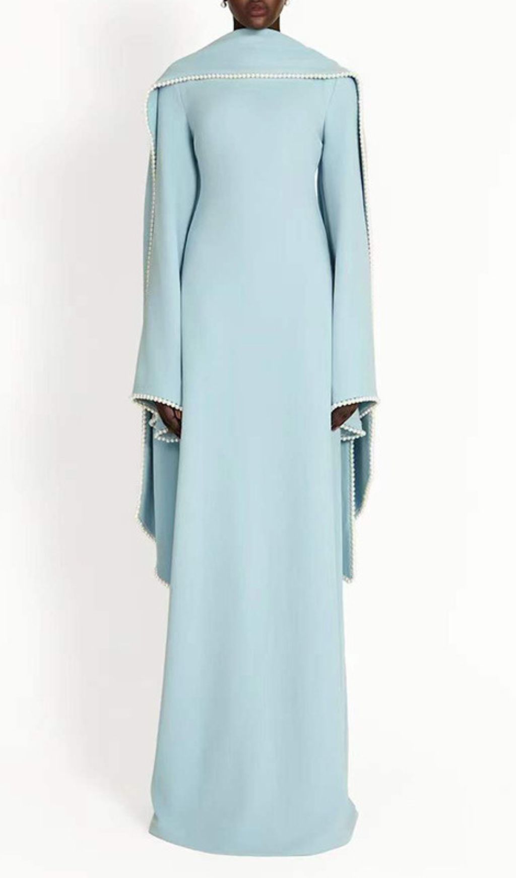 Hidi Shawl Pearl-Trimmed Maxi Dress | Elegant Long Sleeve White Gown