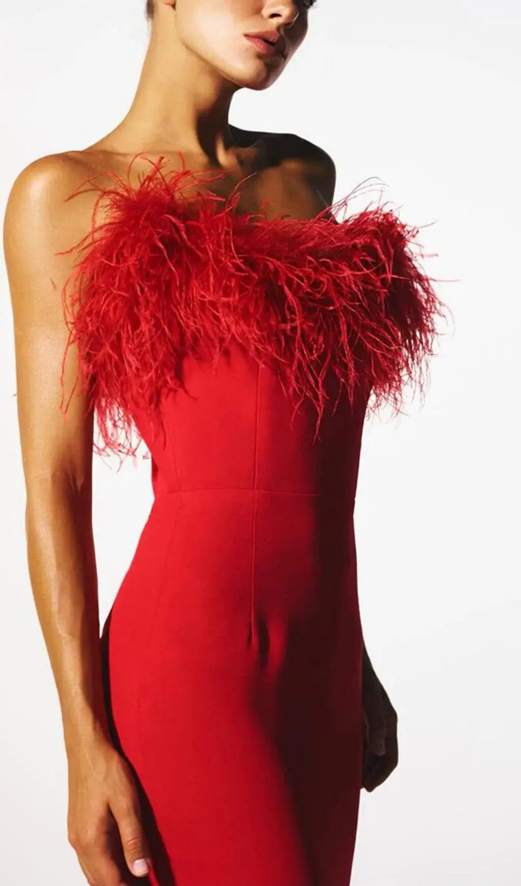 Stretch Strapless Feather Trimmed Gown In Red