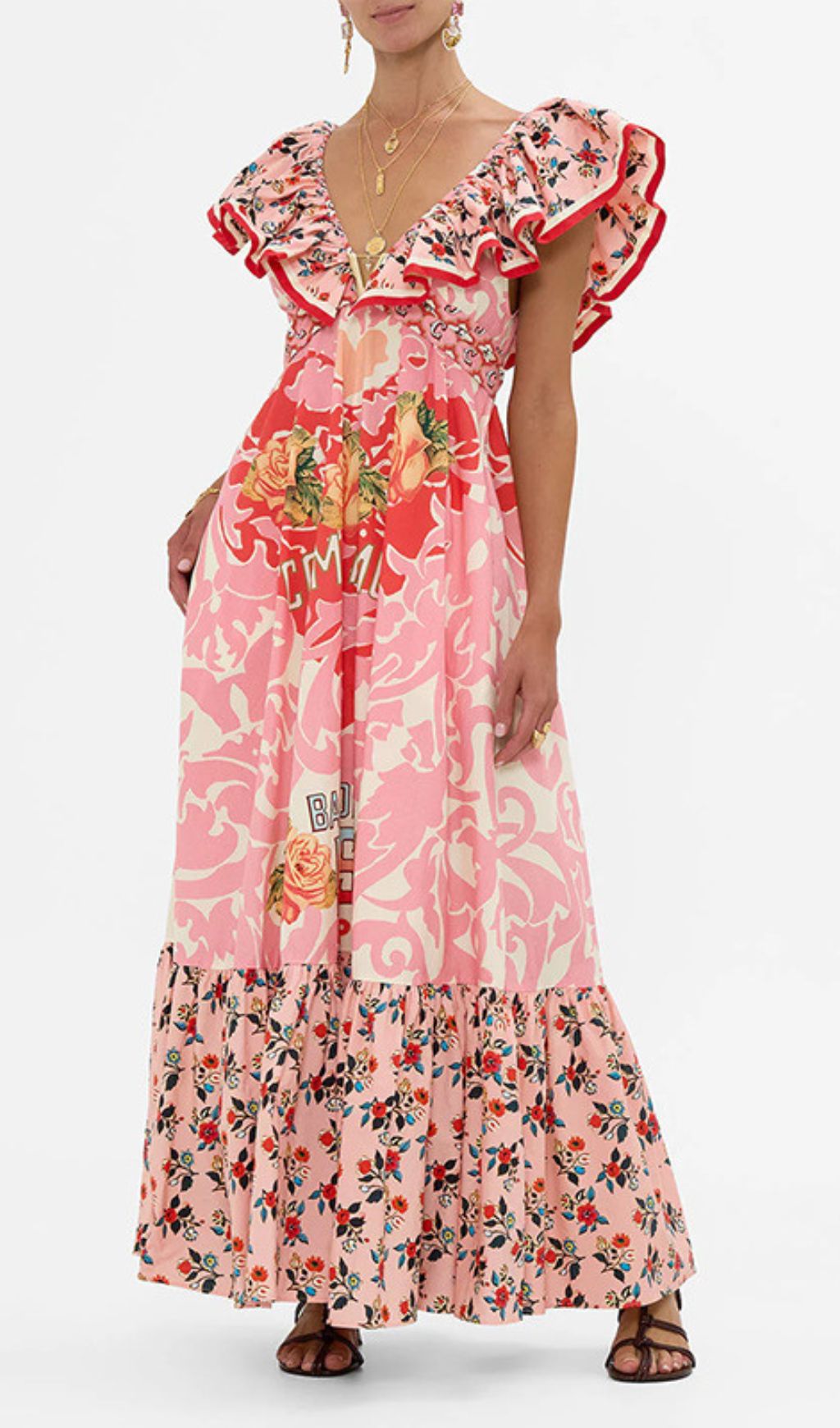Irina Chic Pink Floral V-Neck Maxi Dress - Bohemian Tiered Print