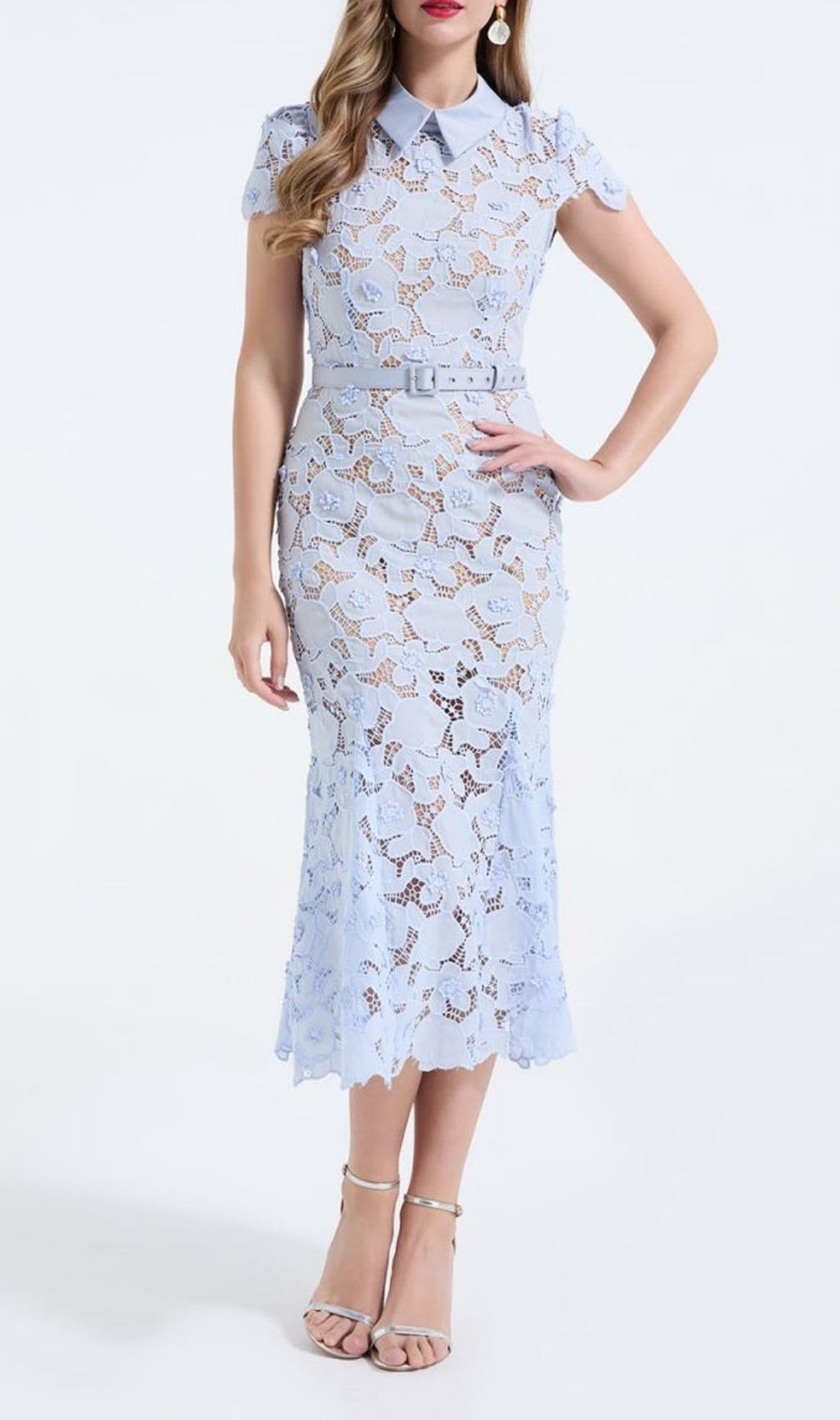 Kennita Blue Floral Lace Midi Dress | Timeless Elegance for Special Occasions