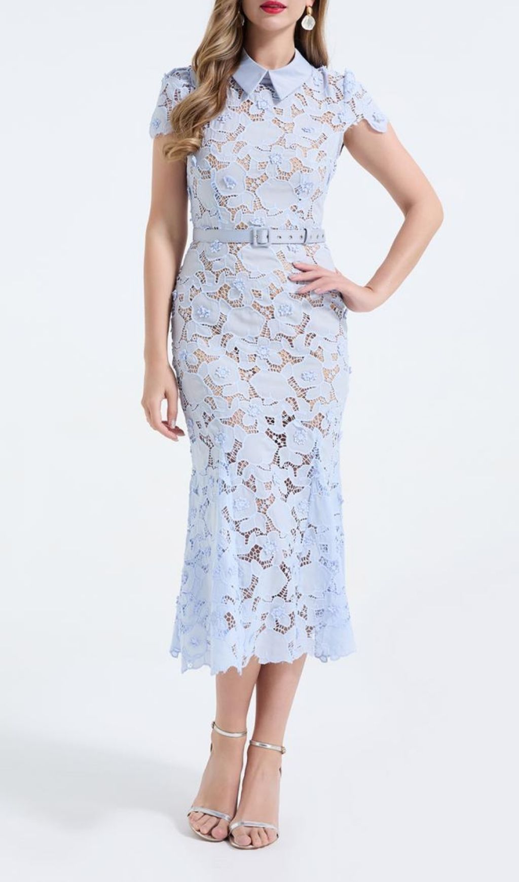 Kennita Blue Floral Lace Midi Dress | Timeless Elegance for Special Occasions