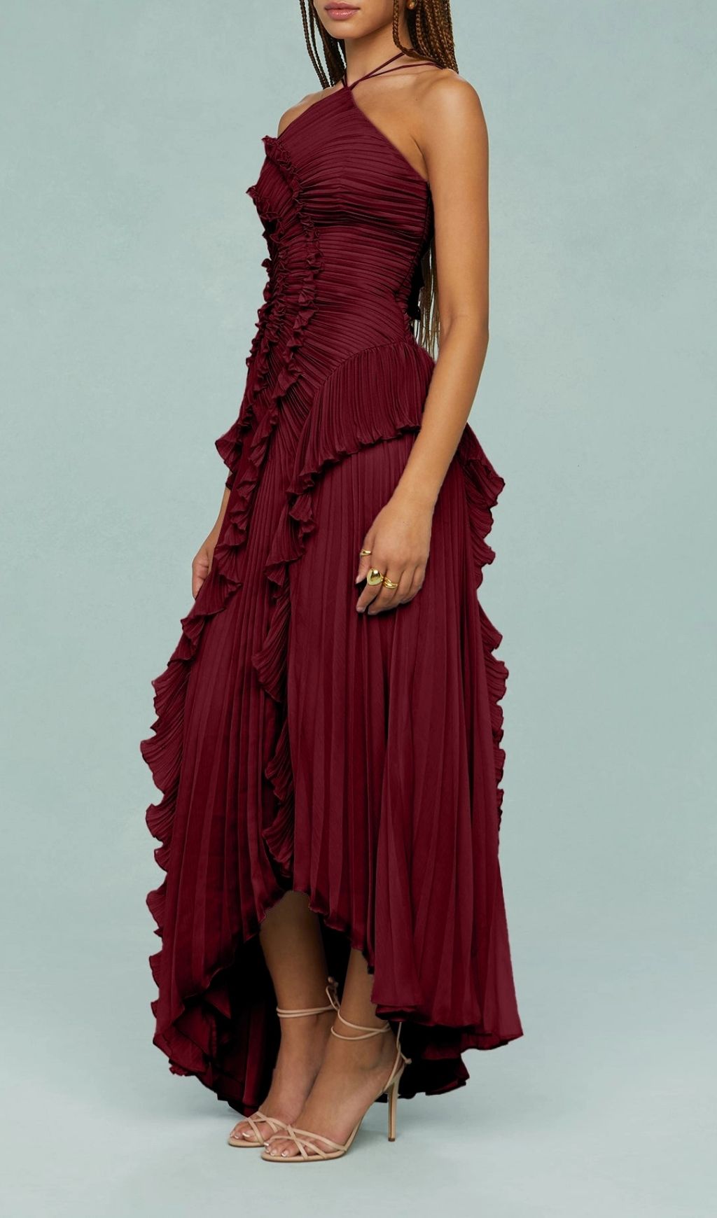 Finneas Crimson Red Halter Pleated Maxi Dress - Grecian Elegance