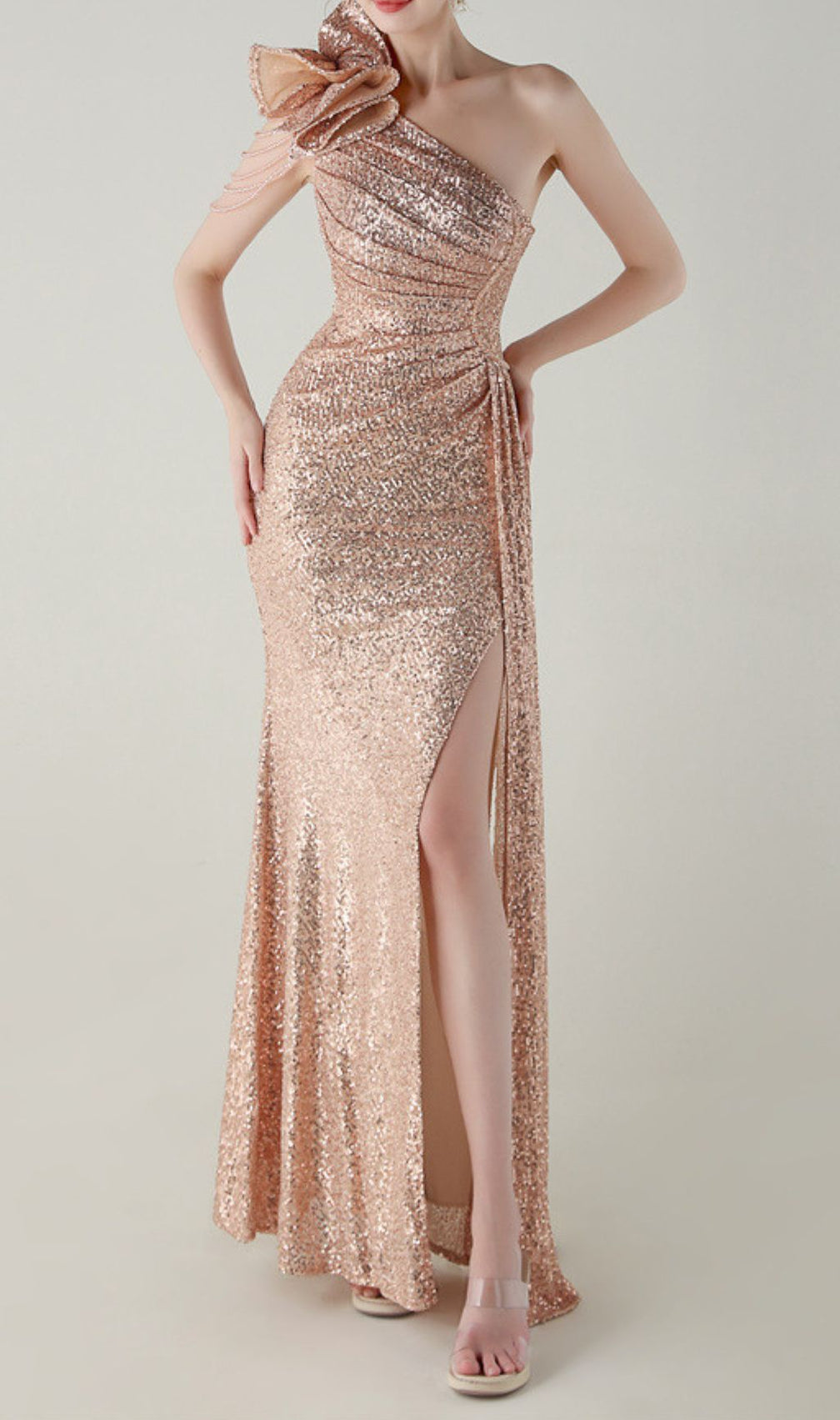 Ikia Dazzling One-Shoulder Sequin Maxi Gown with High Slit