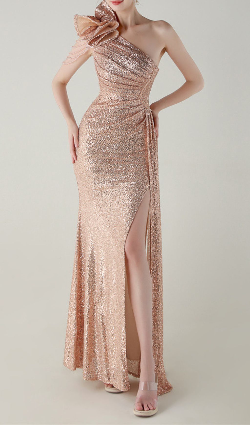 Ikia Dazzling One-Shoulder Sequin Maxi Gown with High Slit