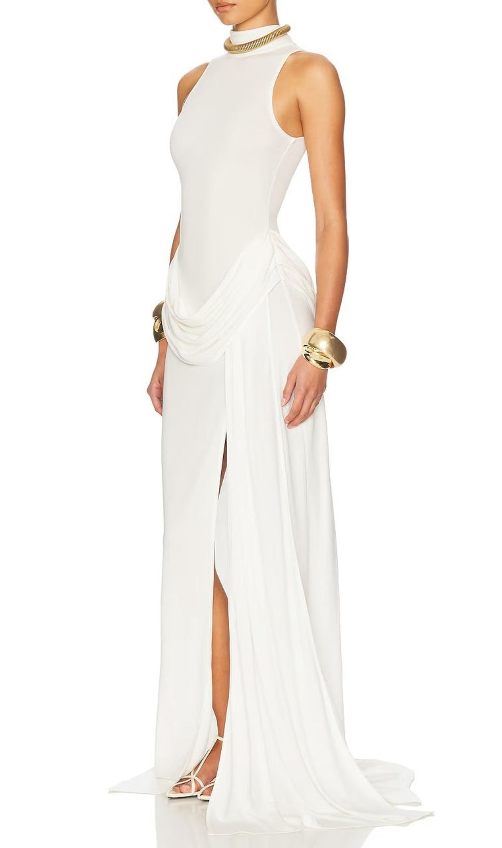Gryta White Halter Ruched Maxi Dress