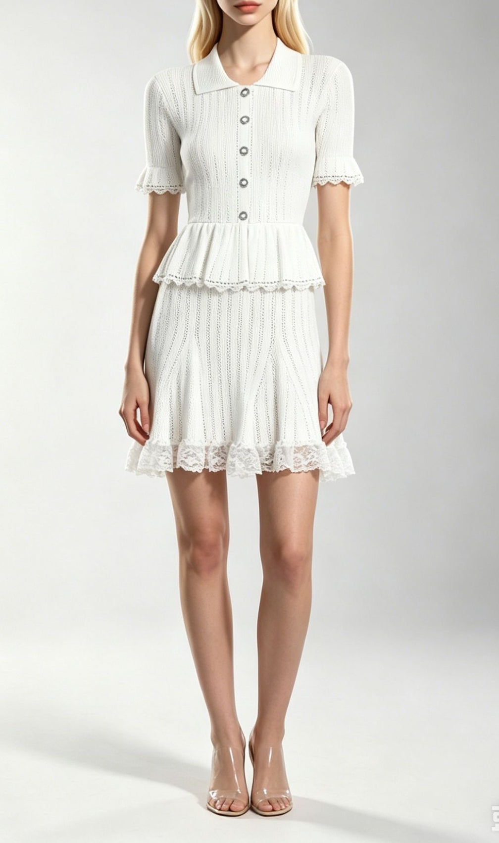 Khosrow Chic White Lace Knit Peplum Mini Dress | Elegant & Feminine
