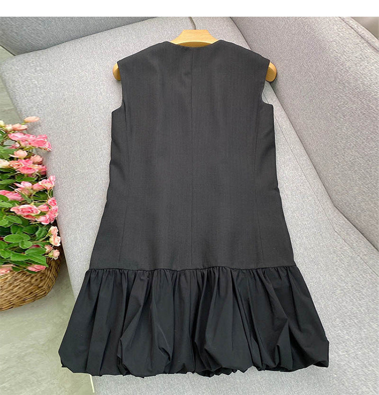 Chic V-Neck Button-Front Bubble Hem Mini Dress