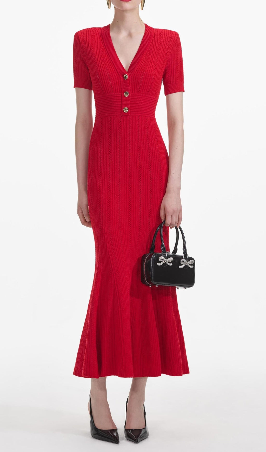 Red Pointelle Knit Midi Dress