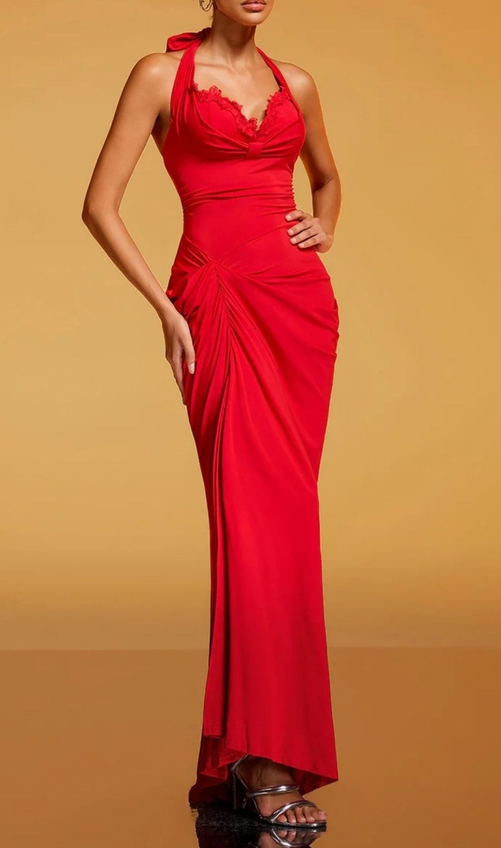 Rethik Halterneck Ruched Maxi Dress - Elegant Red Gown with High Split