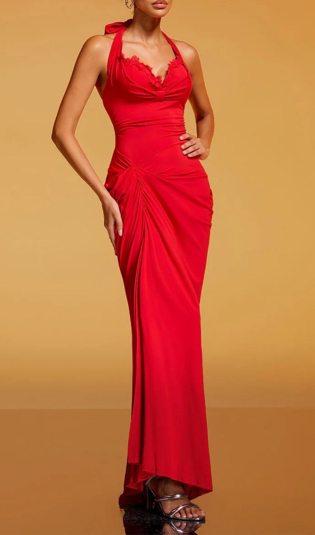 Rethik Halterneck Ruched Maxi Dress - Elegant Red Gown with High Split