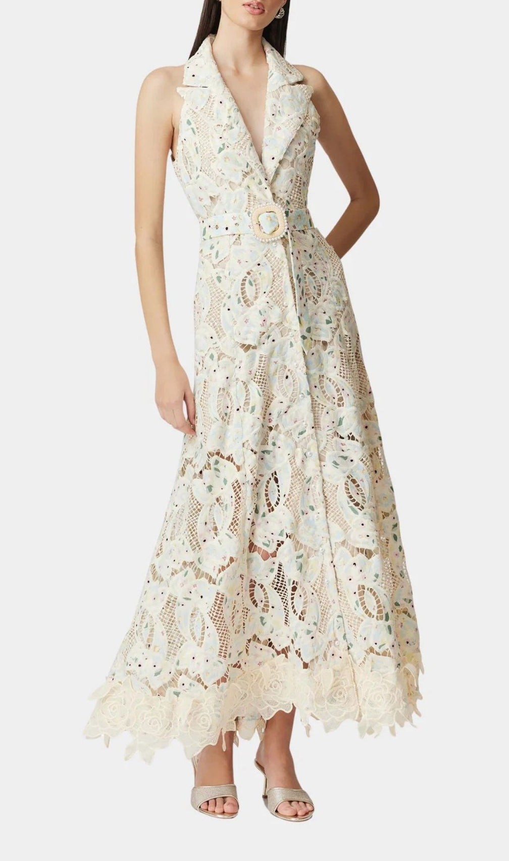 Chic Chloe Sleeveless Floral Lace Maxi Dress with Belt