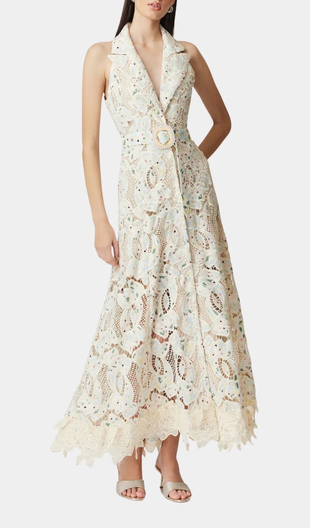 Chic Chloe Sleeveless Floral Lace Maxi Dress with Belt
