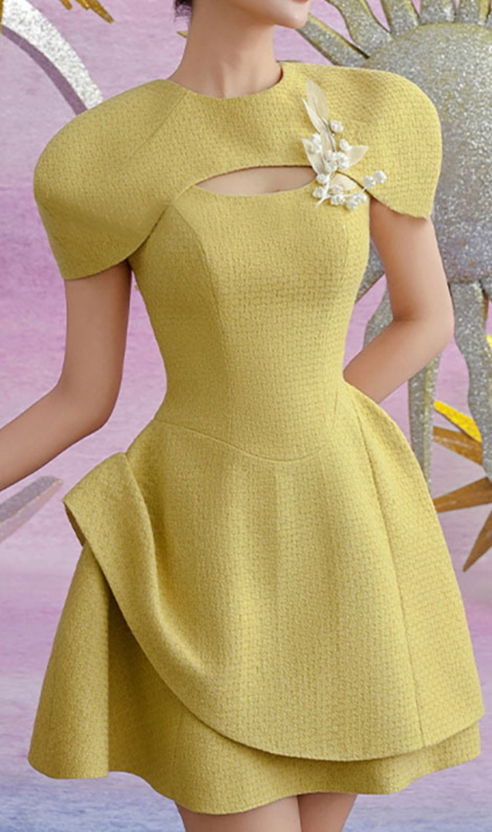 Conlan Yellow Flower Decor Mini Dress