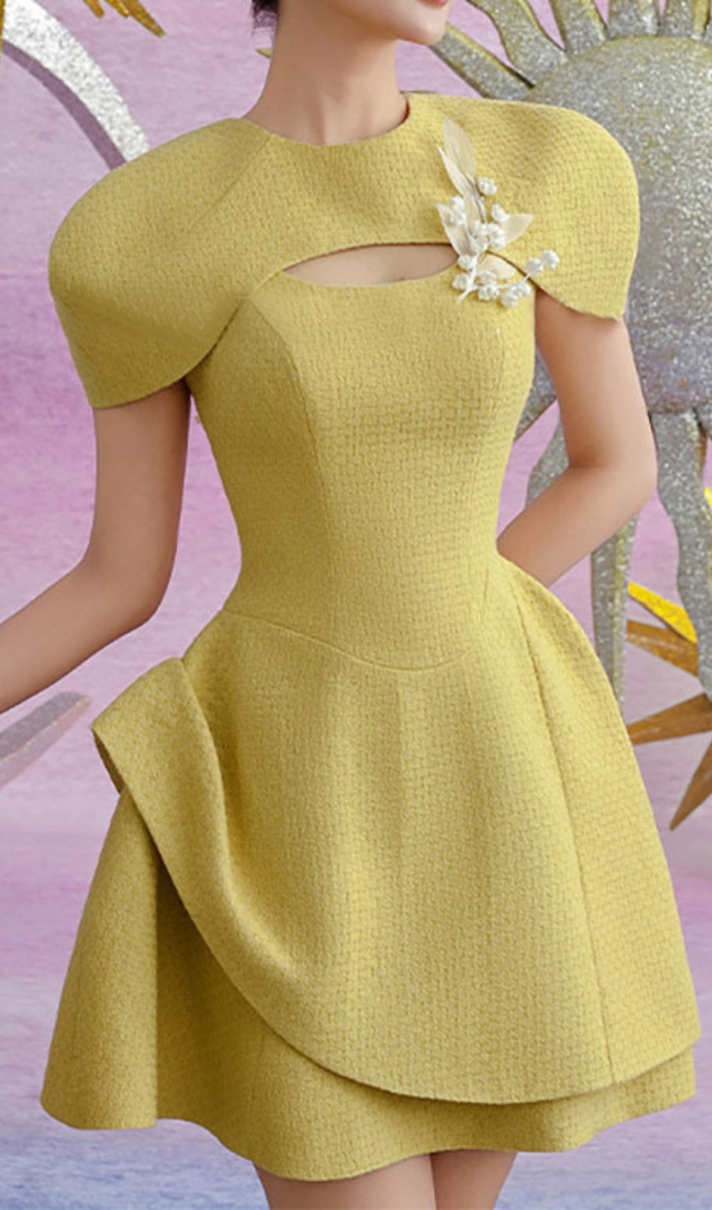 Conlan Yellow Flower Decor Mini Dress