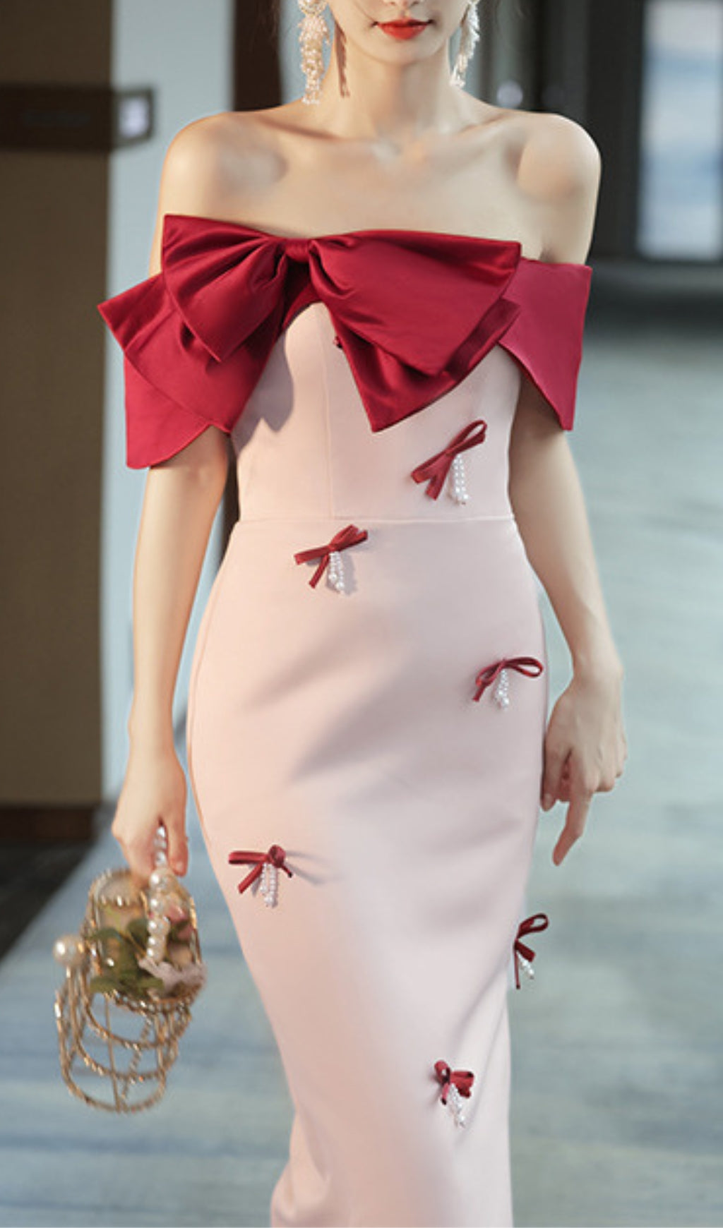 Ashly Faux Pearl Bow Midi Dress