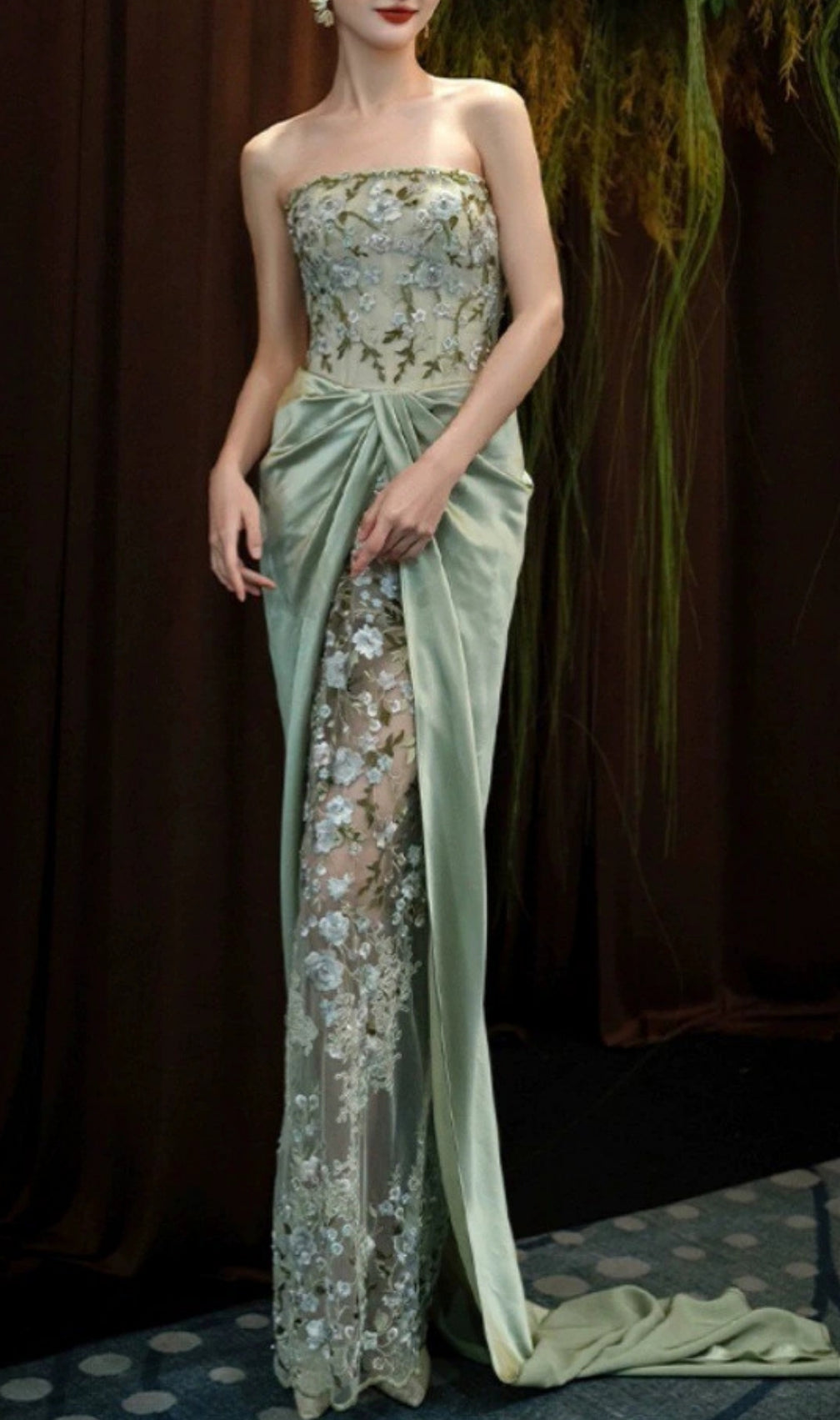 Ellianna Green Strapless Flower Maxi Dress