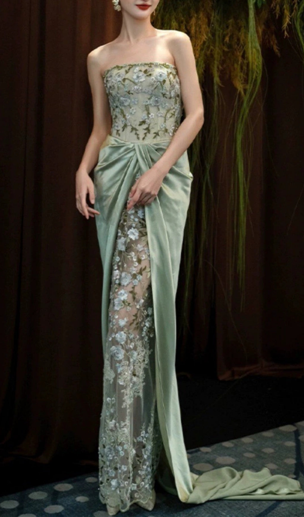 Ellianna Green Strapless Flower Maxi Dress