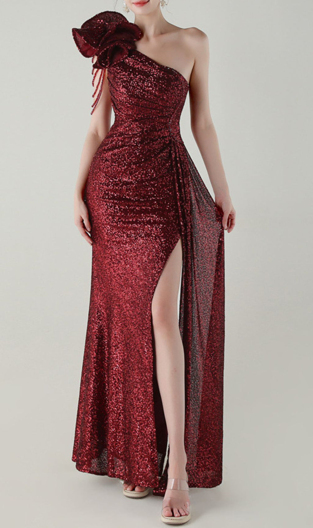 Ikia Glamorous Red Sequin One-Shoulder Maxi Dress with High Slit