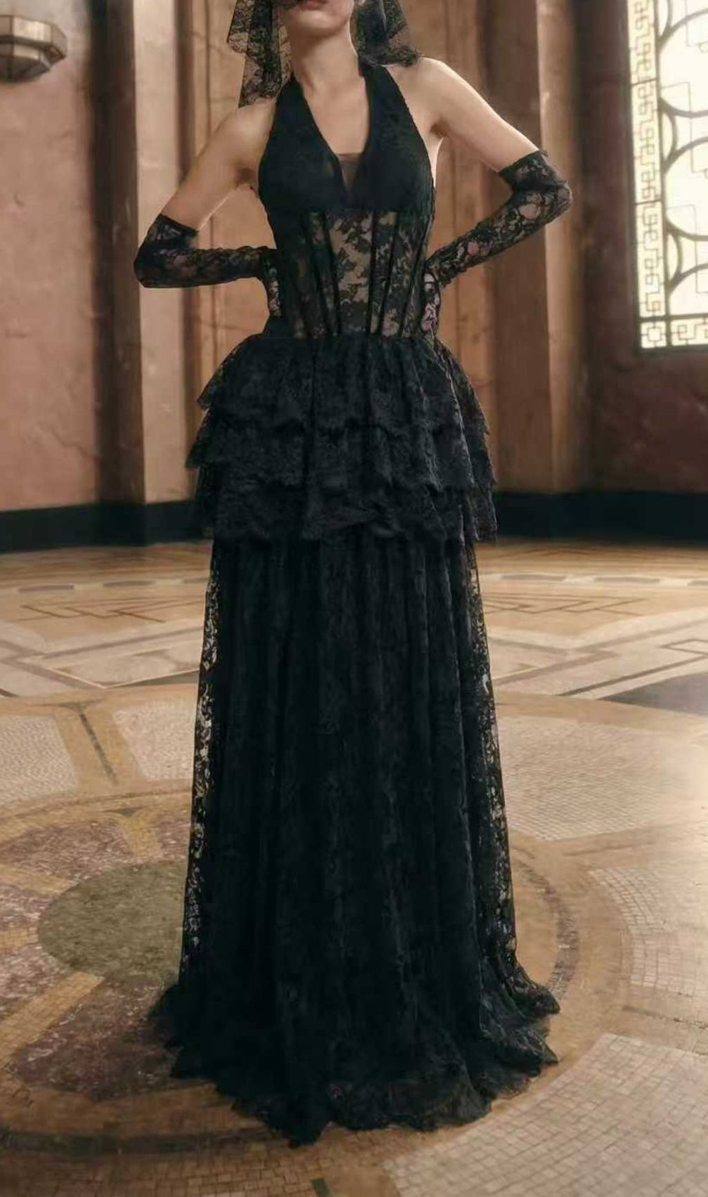 Kaylie Romantic Halter Lace Maxi Dress | Ethereal Tiered Gown with Corset Bodice