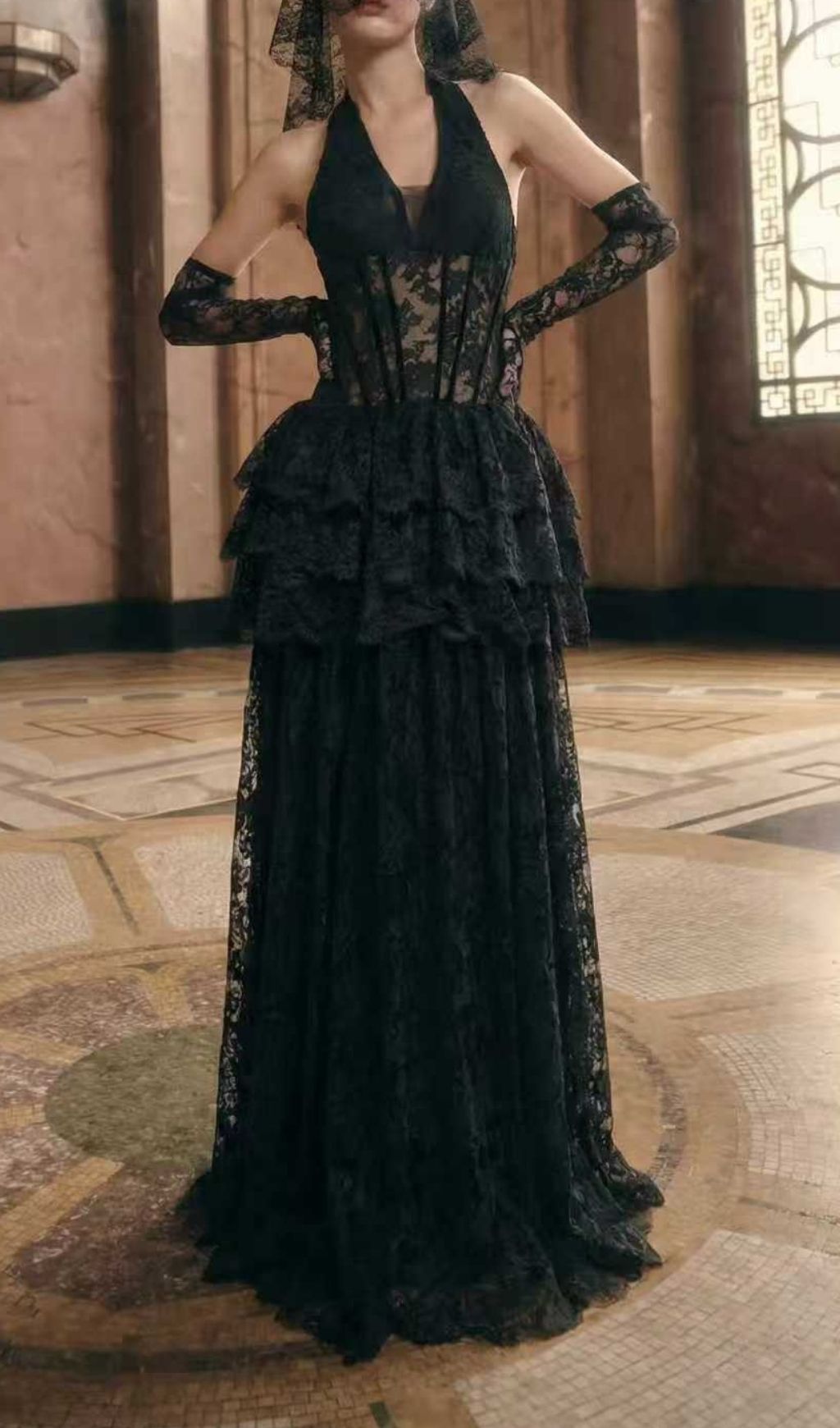 Kaylie Romantic Halter Lace Maxi Dress | Ethereal Tiered Gown with Corset Bodice