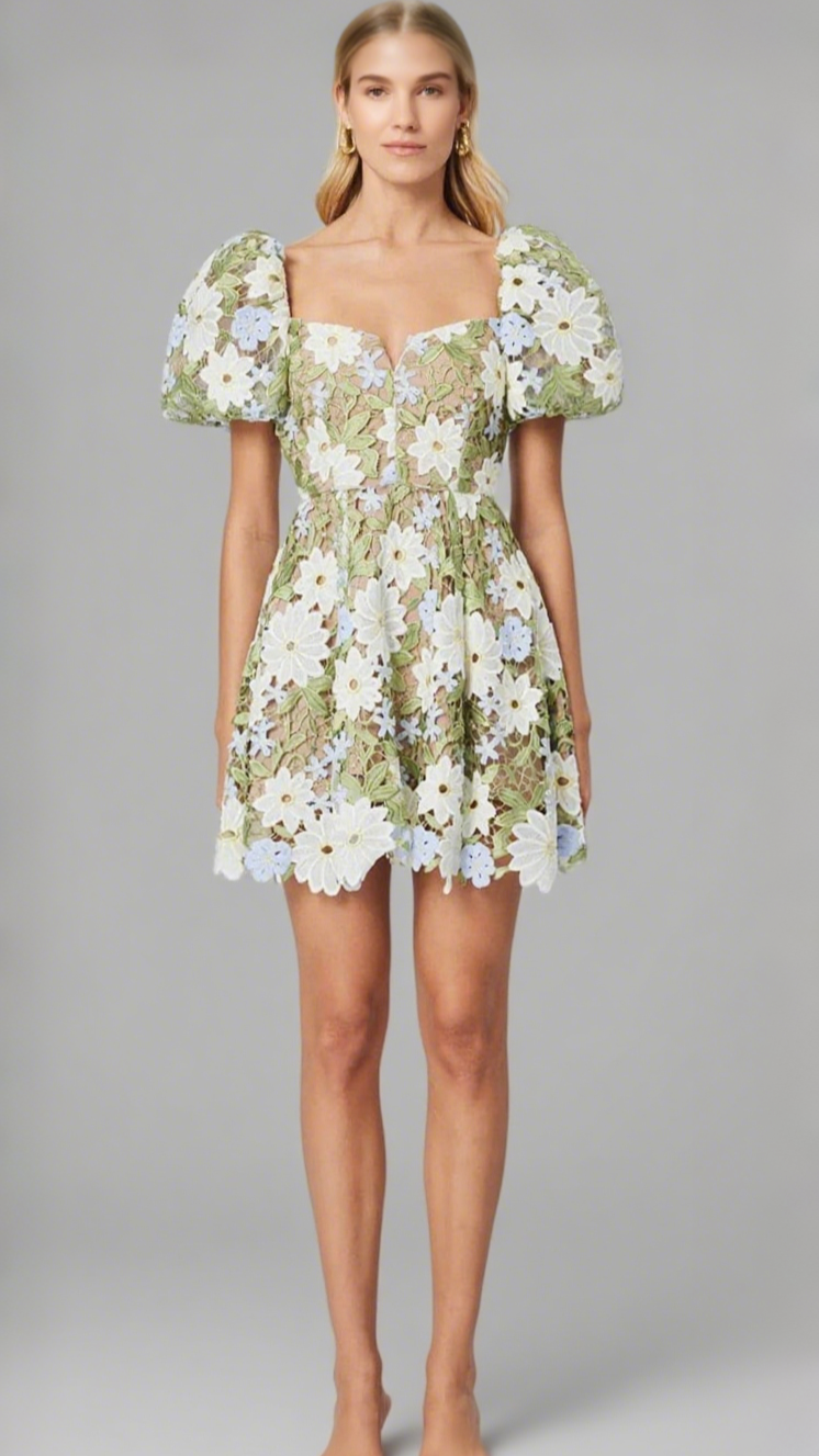 rebecca Flora Lace Mini Dress in Green