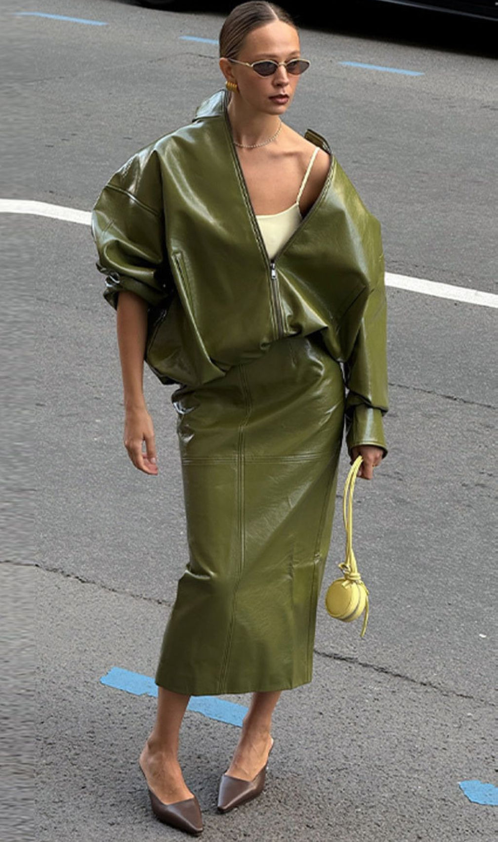 Jehan Glossy PU Leather Bomber Jacket & Midi Skirt Set - Chic Olive Green Co-ord